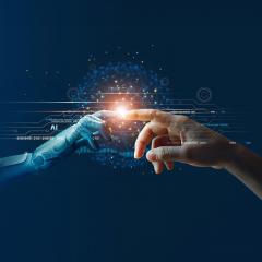 Hands of robot and human touching on big data network connection background